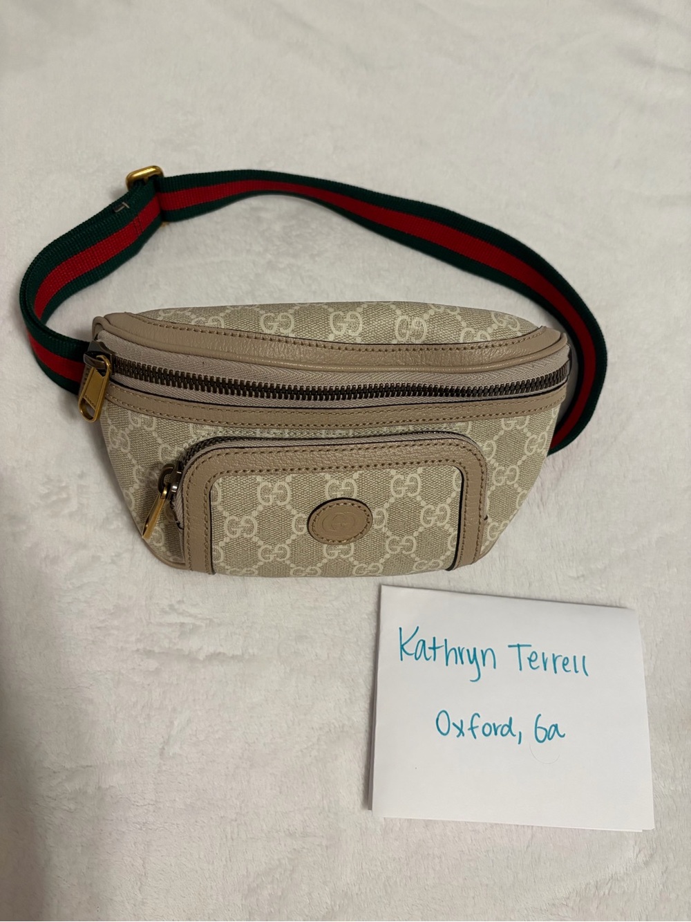 Gucci Tan GG Supreme Canvas Belt Bag with Red and Green Web Strap
